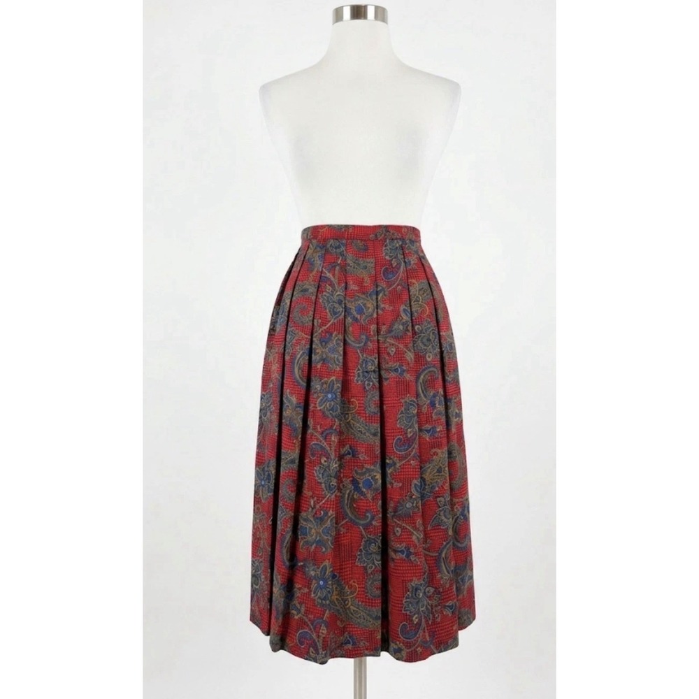 90s Grunge Paisley Midi Skirt‎ Size 10P Red Dark Academia Boho Pleated Cottage